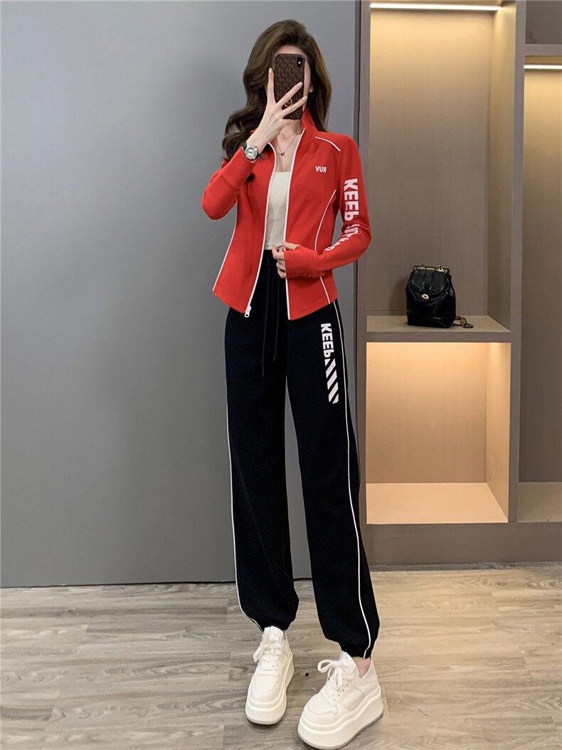 设计感欧货休闲运动套装女秋拉链开衫红色立领上衣束脚长裤两件套,女装套装/套裙,江南