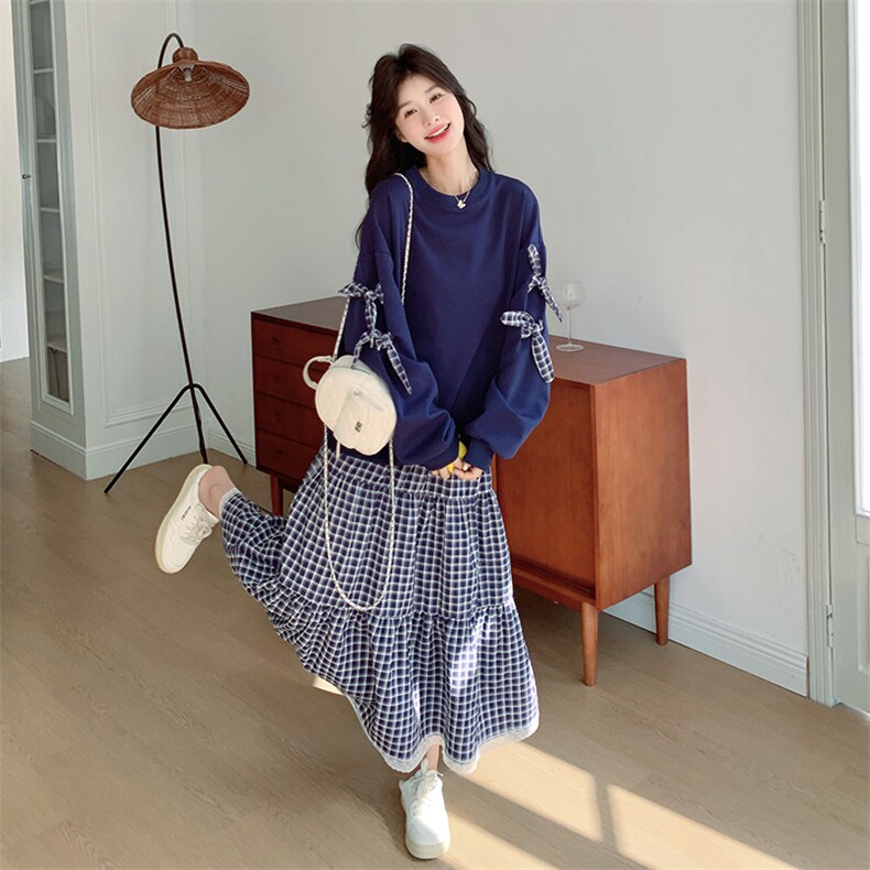 减龄格子拼接卫衣半身裙套装女2025春秋季新款韩版显瘦穿搭两件套图片