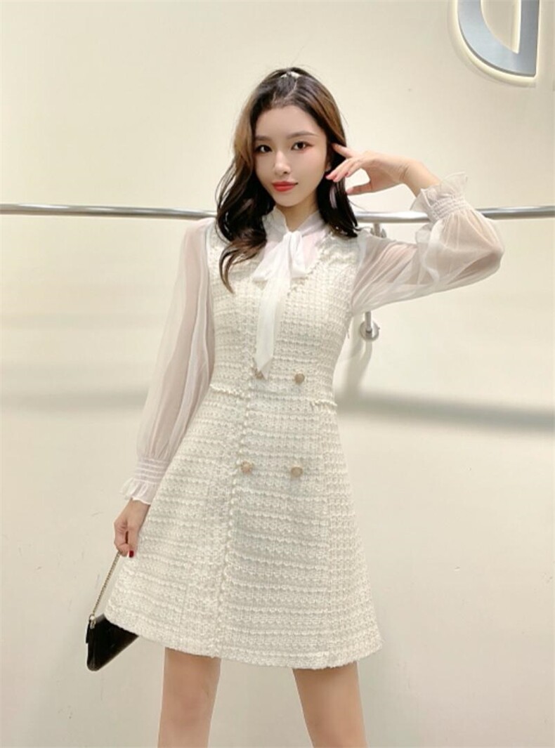 现货小香风假两件连衣裙，女装连衣裙，嘉利得