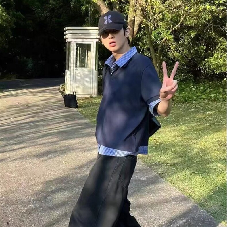 得物抖音高品质二开夏季美式潮牌高街假两件格子衬衣翻领短袖T恤,男装T恤,电商A486