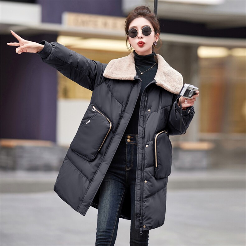 现货2023冬季新款拼接加厚中长款羽绒服女白鸭绒防寒外套,女装羽绒服,仟媚宠
