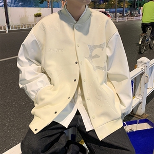 2024春秋白色烫钻棒球服男女美式高街情侣外套飞行员夹克~W0625图片