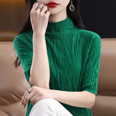 夏季新品100羊毛衫半高领五分袖针织衫女圆领短款高级感打底衫潮，女装T恤，暖娇绒包芯纱店