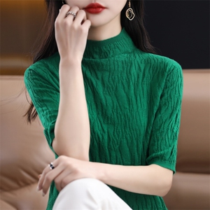 夏季新品100羊毛衫半高领五分袖针织衫女圆领短款高级感打底衫潮图片