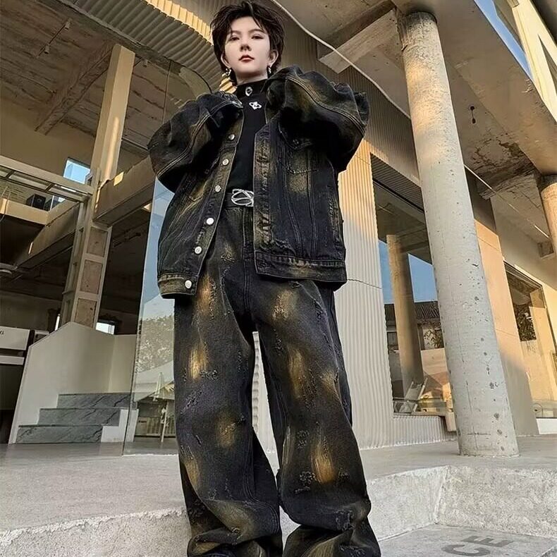 设计感翻领刷漆磨破牛仔夹克外套男士高街潮牌宽松时尚套装两件套,男装夹克,星座218-1（原230）