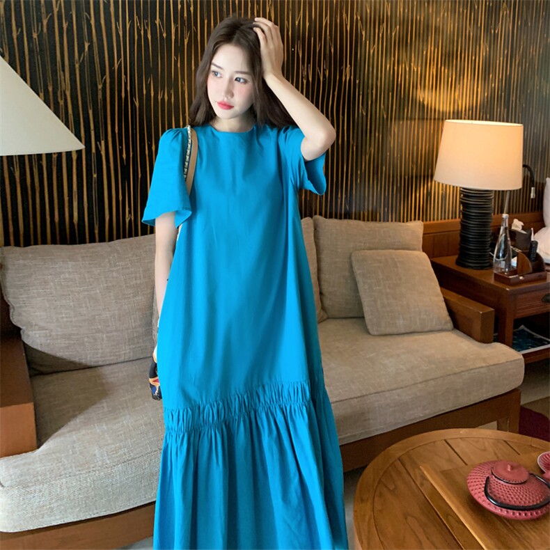 洋气显白度假风短袖连衣裙女2025夏新款韩系ins风宽松中长款裙子,女装连衣裙,2C158