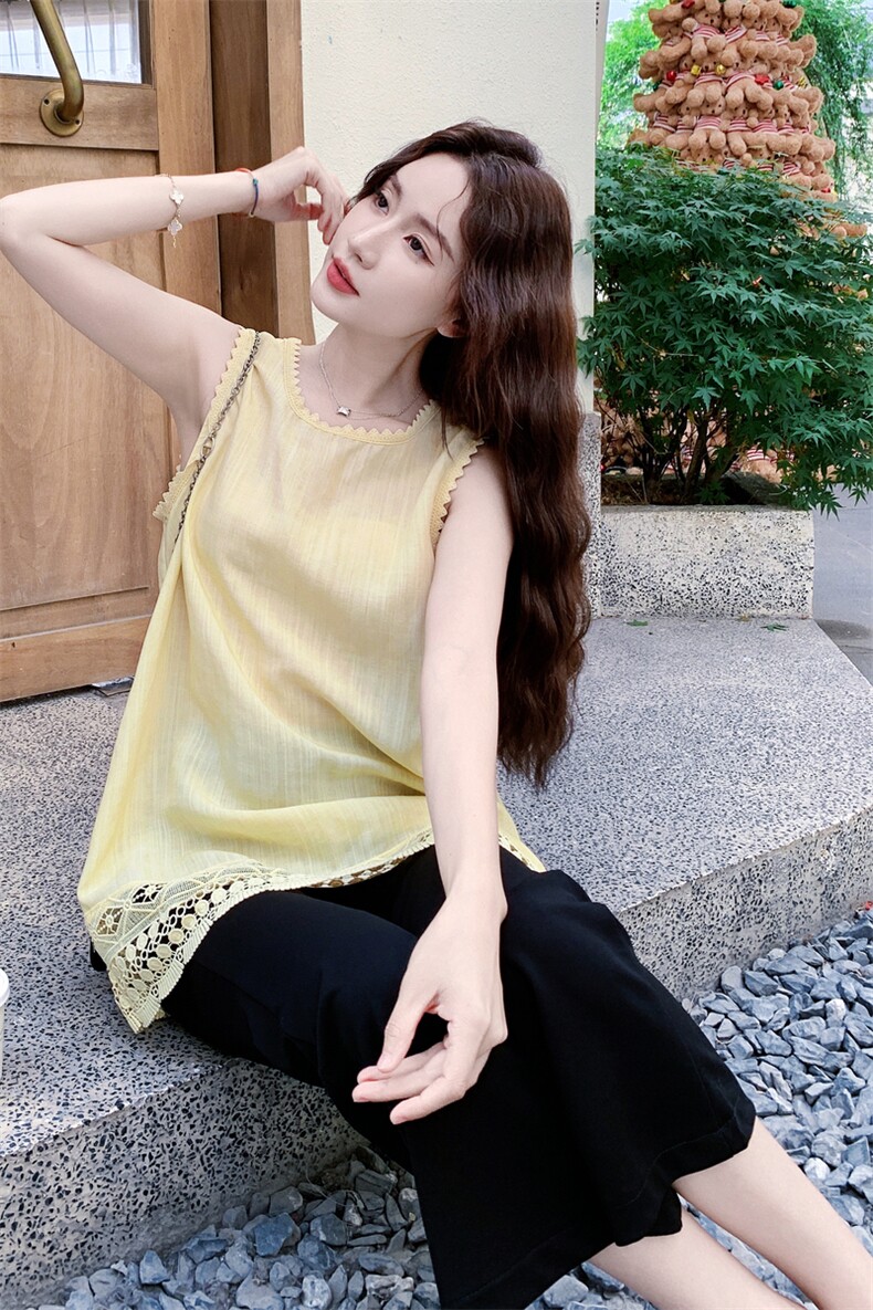 高级感小洋装套装夏季新款法式镂空花边无袖背心九分休闲裤两件套,女装连衣裙,2D008