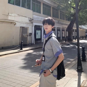 得物抖音高品质二开 夏季美式潮牌高街假两件格子衬衣翻领短袖T恤图片