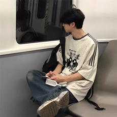夏季美式高街重磅纯棉三条杠织带撞色男女短袖T恤ZD511-特P30，男装T恤，电商A486