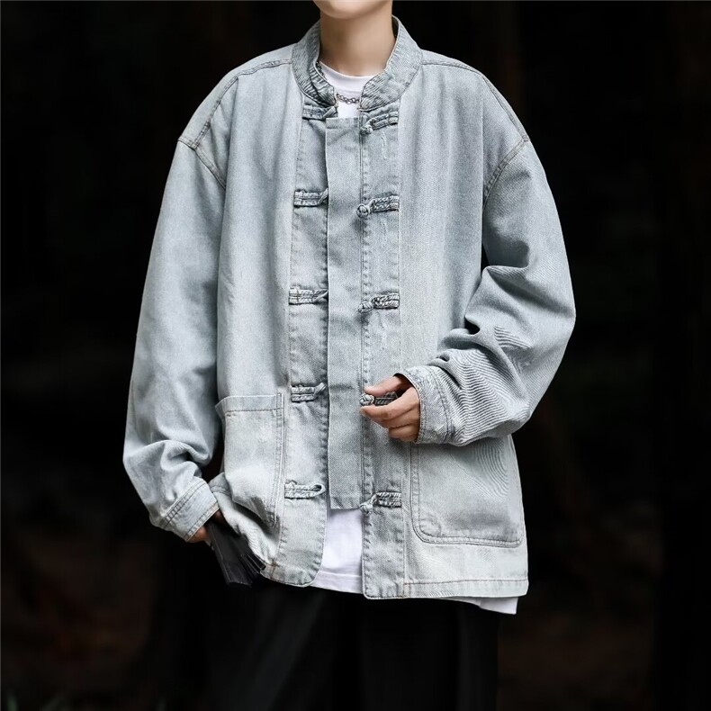 新中式潮渐变色牛仔夹克男士刮烂外套唐装盘扣褂子W5861-P75,男装夹克,星座412-3