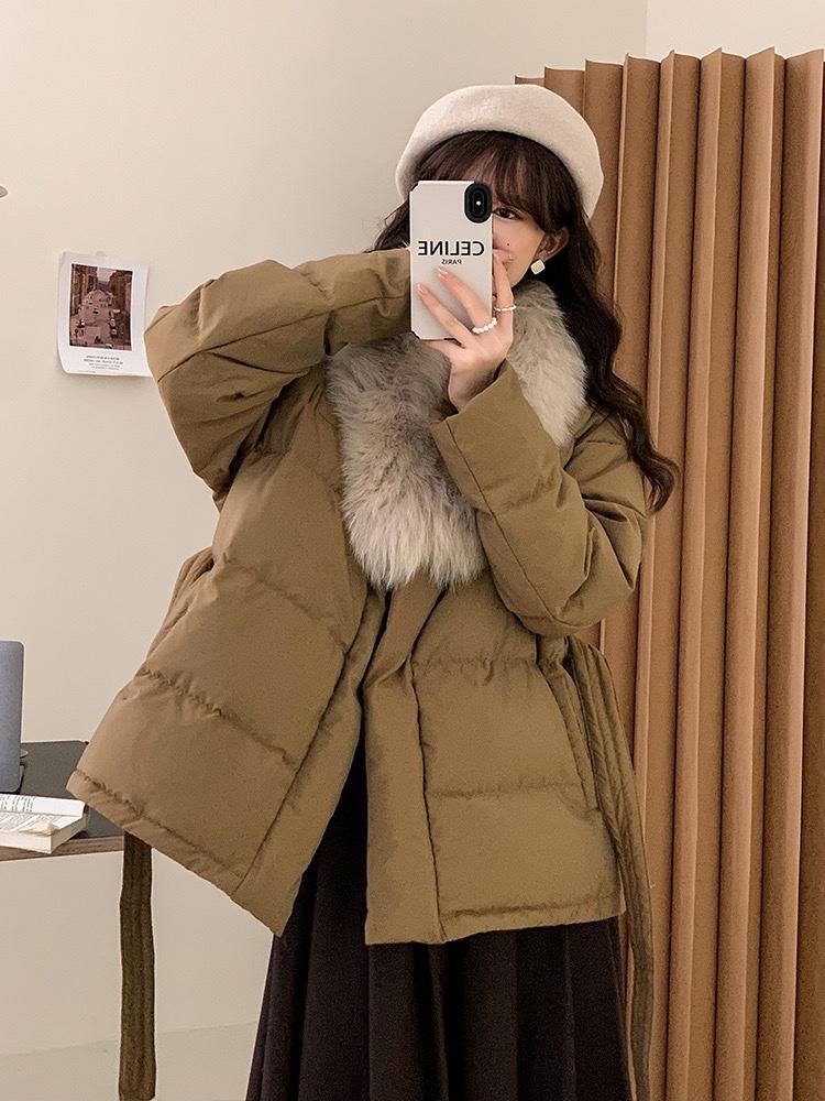 2022新款气质可拆卸真狐狸毛围脖系腰带显瘦羽绒服,女装羽绒服,L·H·X