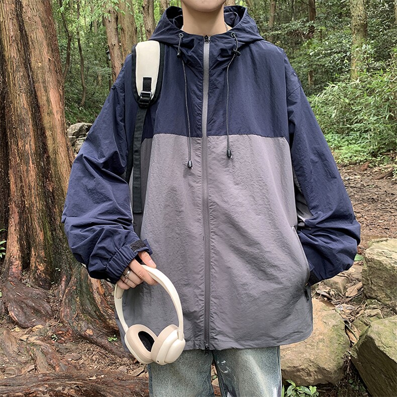 高品质秋款男连帽夹克衫拼色复合皱冲锋衣外套JK0103P65,男装夹克,星座1013-1