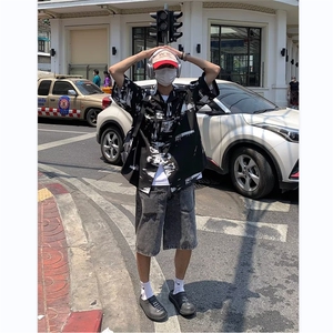 暗黑高街衬衫男韩版潮流短袖涂鸦拼色帅2024夏季ins外套CY215-P31