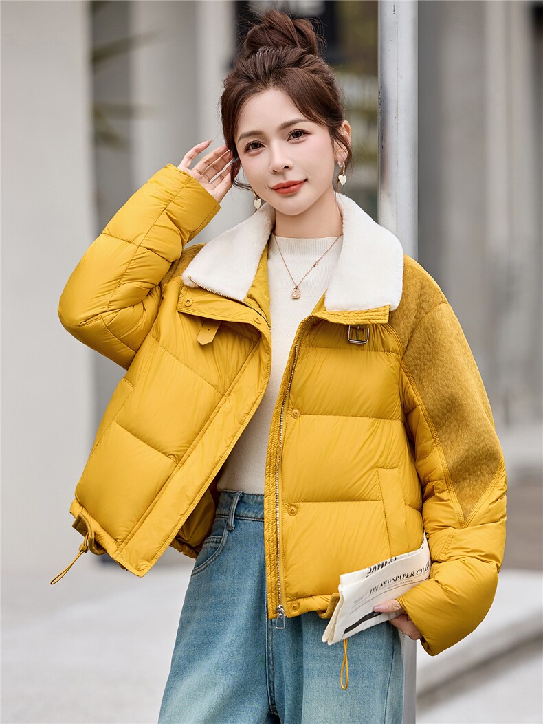 【现货现货】2025冬季新款黄色羽绒服短款加厚保暖羊羔毛拼接外套,女装羽绒服,一安秀