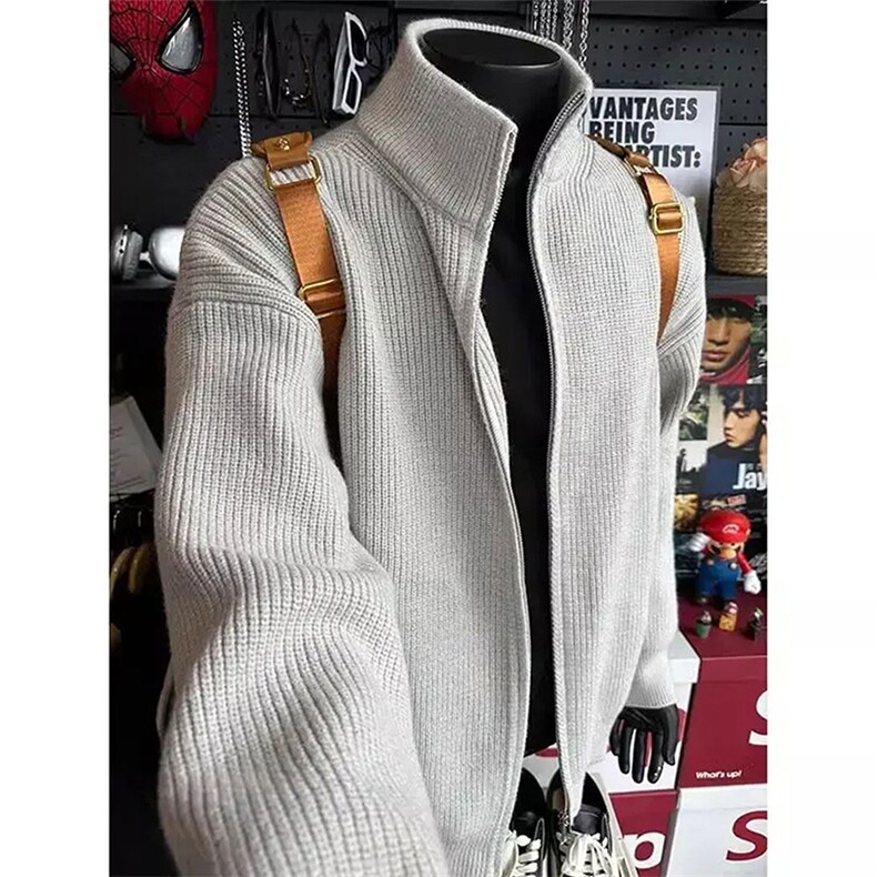 重磅秋冬北极绒双拉链毛衣开衫美式复古休闲慵懒风宽松针织衫外套，男装针织衫/毛衣，电商A486