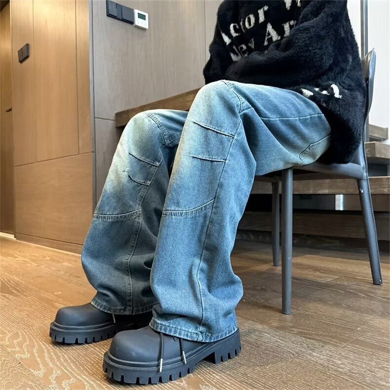 美式复古阔腿牛仔裤男款街头潮牌vibe高街痞帅休闲直筒宽松老爹裤,男装牛仔裤,星座410-7