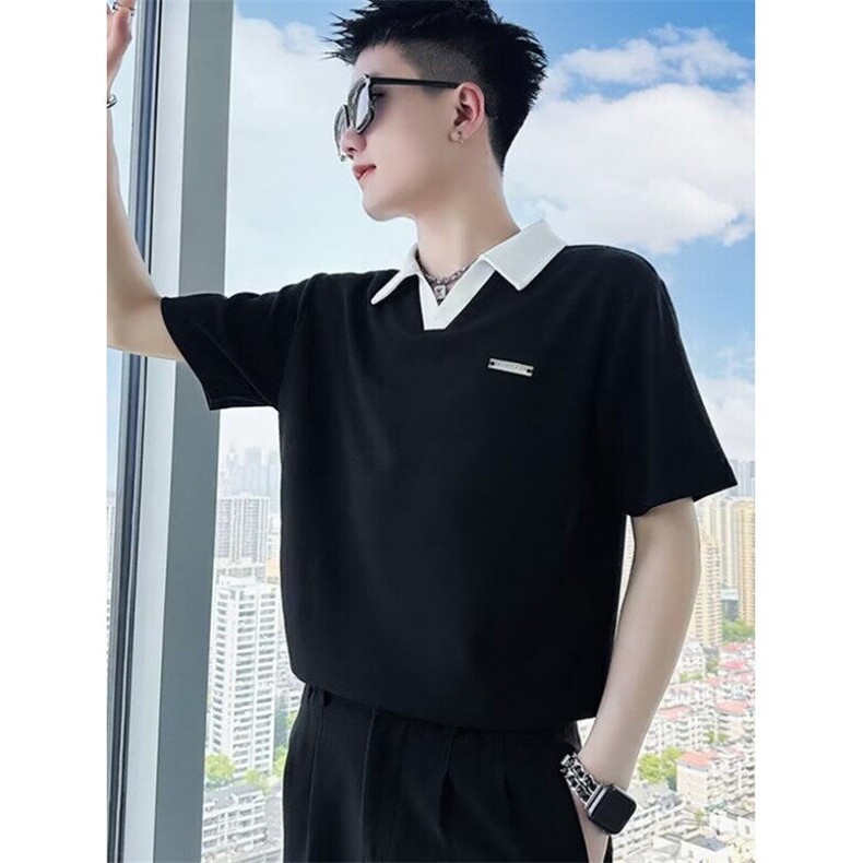 韩版翻领POLO衫男短袖修身V领痞帅半袖上衣服休闲男装潮t T378图片