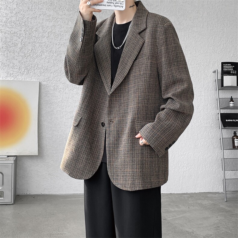 8XL-M美式复古格纹廓形西服外套男痞帅高级感休闲西装XF001P115,男装西服,电商B312