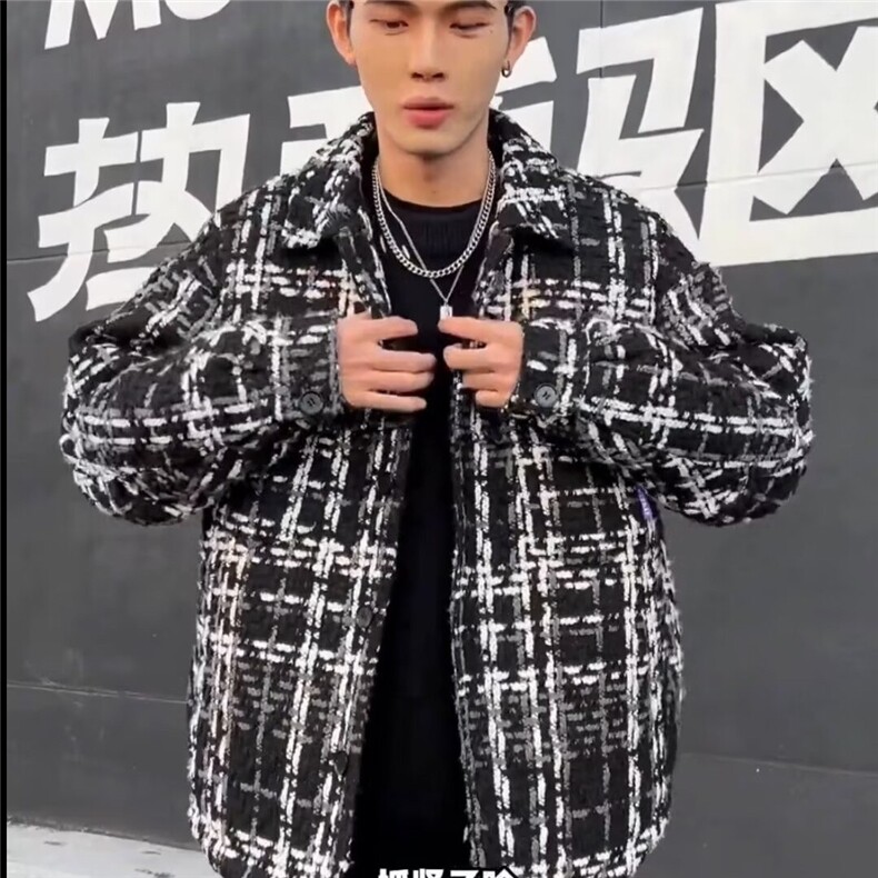 春秋新款编织棉线千鸟格小香风夹克上衣情侣同款加厚翻领衬衫外套,男装夹克,星座715-4