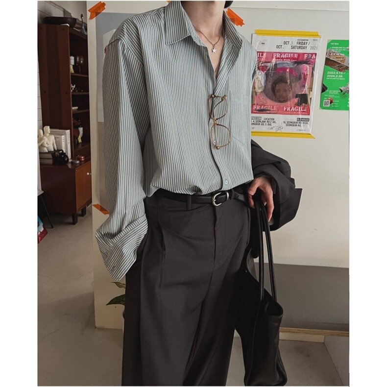 条纹休闲衬衫男春季宽松长袖衬衣韩版潮流翻领上衣710-806P50,男装衬衫,星座710