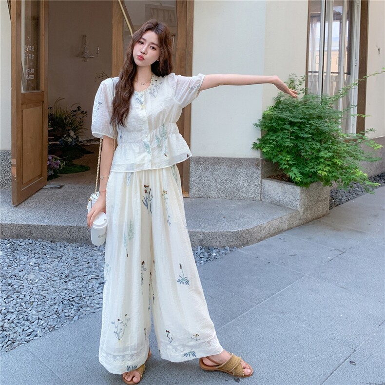 韩版高级感绣花上衣女高腰半身裙2025夏季新款小个子减龄时尚套装,女装套装/套裙,2C305
