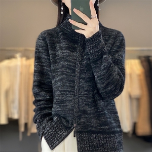 秋冬新款半高领羊绒开衫女长袖毛衣宽松百搭加厚羊毛针织外套上衣图片