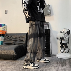 宽松扎染阔腿裤欧美vibe裤子高街潮ins牛仔裤男N8085-p45加绒p55，男装牛仔裤，星座1008-1