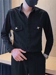 301A-1/H516/P58 秋季男士纯色暗花长袖衬衫男痞帅口袋装饰衬衣图片