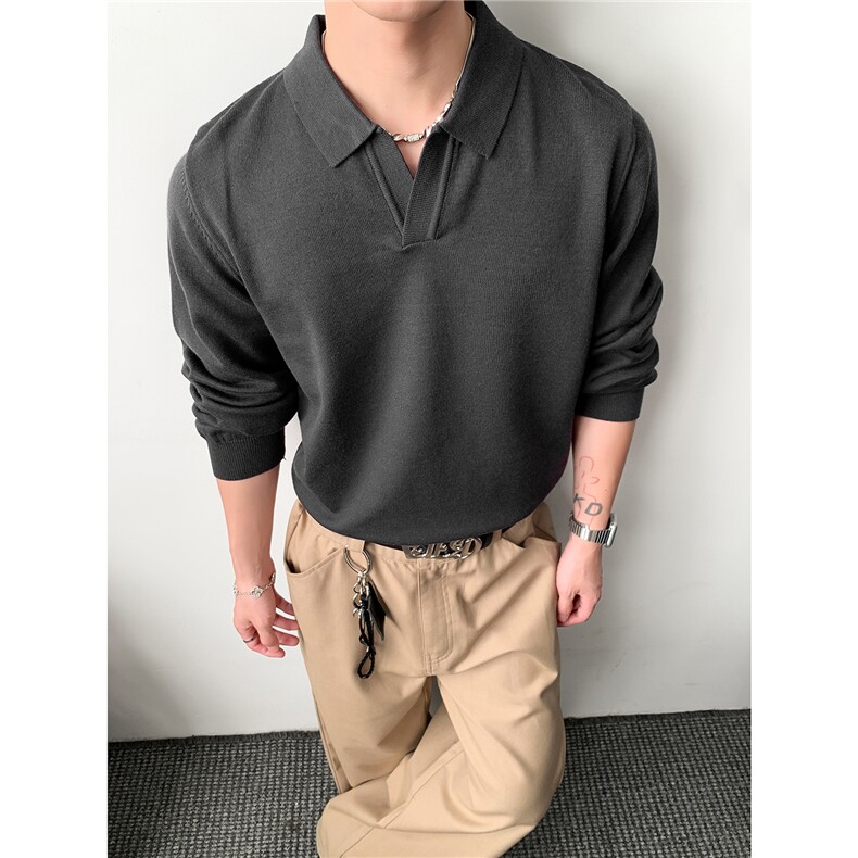 秋季新款老钱风翻领针织衫毛衣男款POLO领打底衫外套MK76-P45,男装Polo衫,星座610B-1