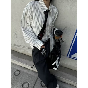 美式潮牌高街复古泡泡纱竖条纹日系肌理长袖衬衫男女休闲宽松衬衣