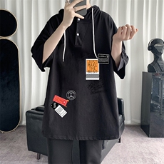 LD54121-P45连帽短袖t恤男大码胖子带帽五分袖中袖，男装T恤，电商A040