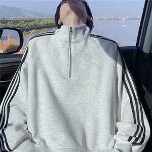wassup happy美式半拉链卫衣男秋冬季潮牌条纹休闲外套宽松上衣服图片