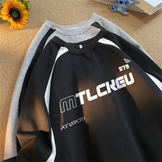 美式插肩袖撞色卫衣男秋冬季圆领无帽拼接套头上衣ins潮宽松外套，女装短外套，星座601-2