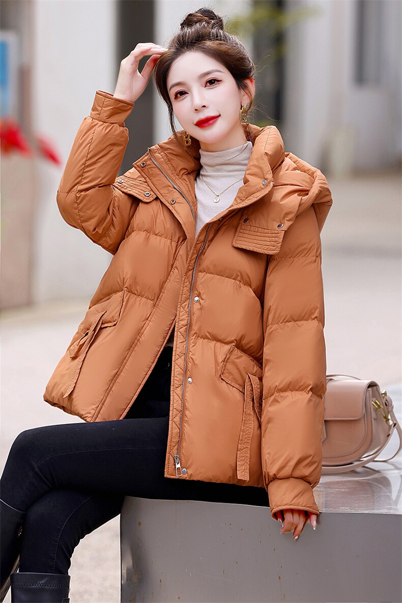 时尚休闲连帽羽绒服女2023年冬季新款洋气保暖面包服外套90白鸭绒,女装羽绒服,润尚靓点