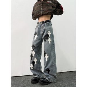 美式高街新款十字架贴布牛仔长裤宽松百搭休闲男女款N707-P60图片