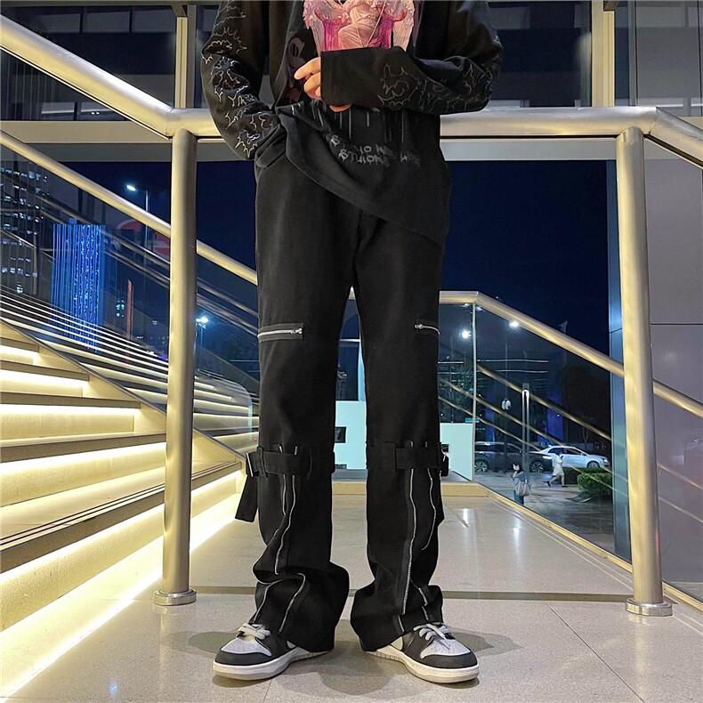 高街风绑带牛仔裤痞帅炸街拉链机能微喇叭牛仔裤KJ09P40,男装牛仔裤,星座1116-2