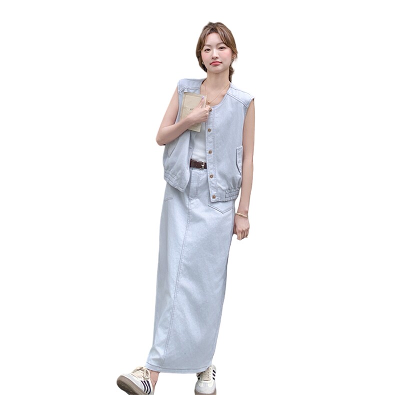 休闲气质牛仔马甲半身裙套装女夏2025新款大方得体ootd穿搭两件套,女装套装/套裙,2C176