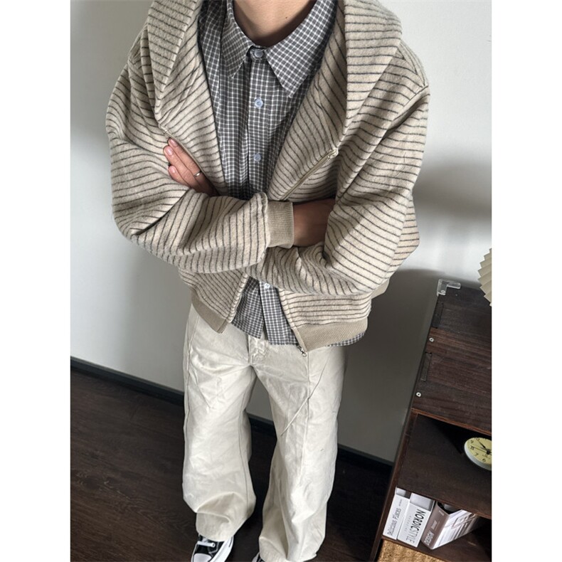 网图条纹连帽拉链外套男2026新款设计感宽松美式开衫卫衣特P68,女装短外套,电商C306-1