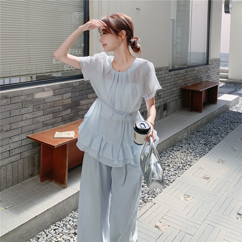 高级感蓝色上衣阔腿裤套装女2025夏季新款法式温柔显瘦漂亮两件套,女装套装/套裙,2C213