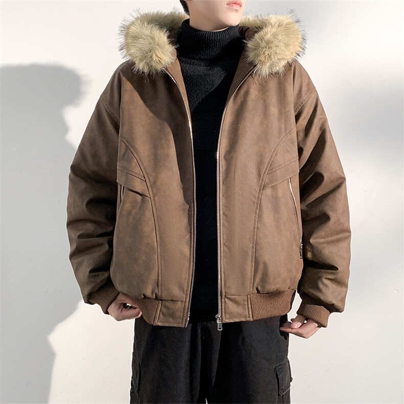 现货扎染PU皮棉服男冬季加厚连帽棉衣座山雕大毛领外套M090-P120,男装棉衣,星座308B-2