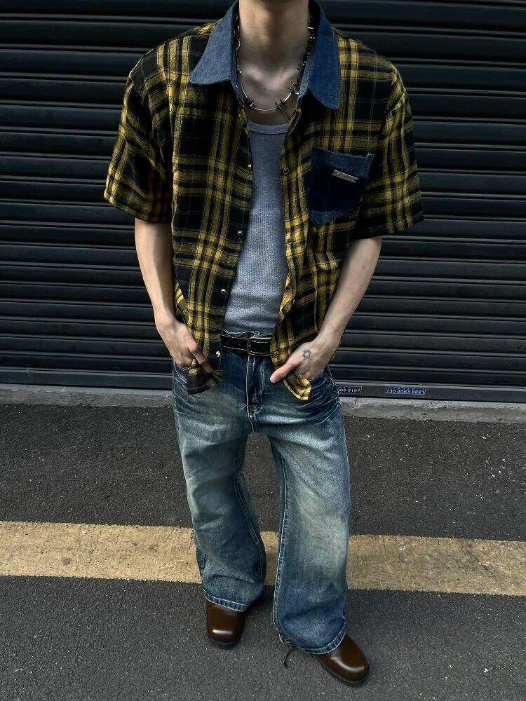 CS29-P45现货男女格子短袖衬衫外套休闲黄色格子衬衣,男装T恤,电商B327