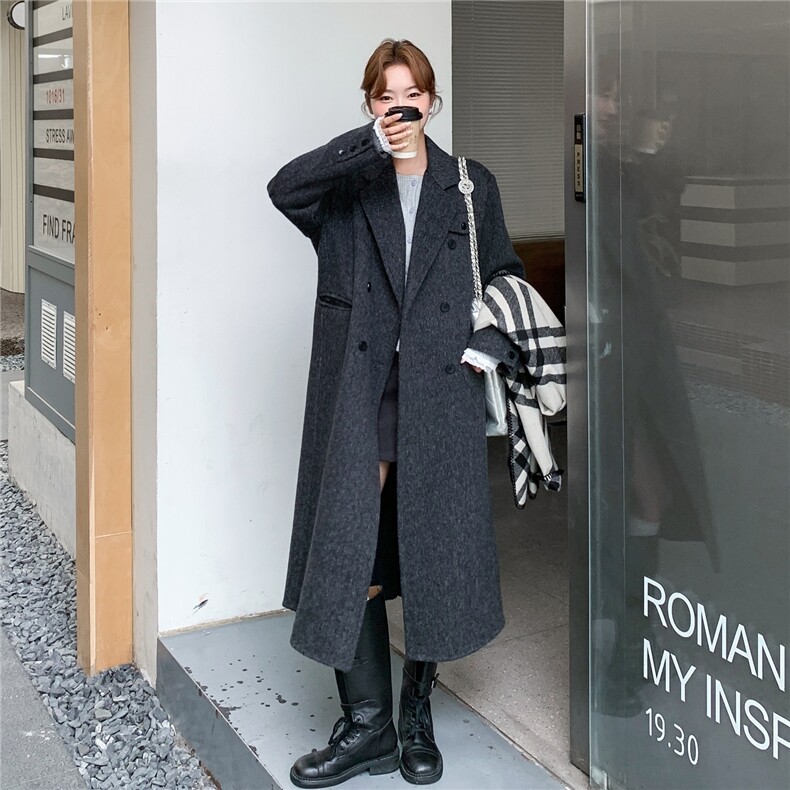 灰色西装领双面羊绒大衣女2025冬新款高级感经典大气长款毛呢外套,女装羊绒大衣,2C168
