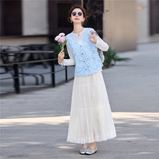 镂空钩花马甲+T恤+雪纺网纱半身裙三件套送腰带，女装套装/套裙，采品优优