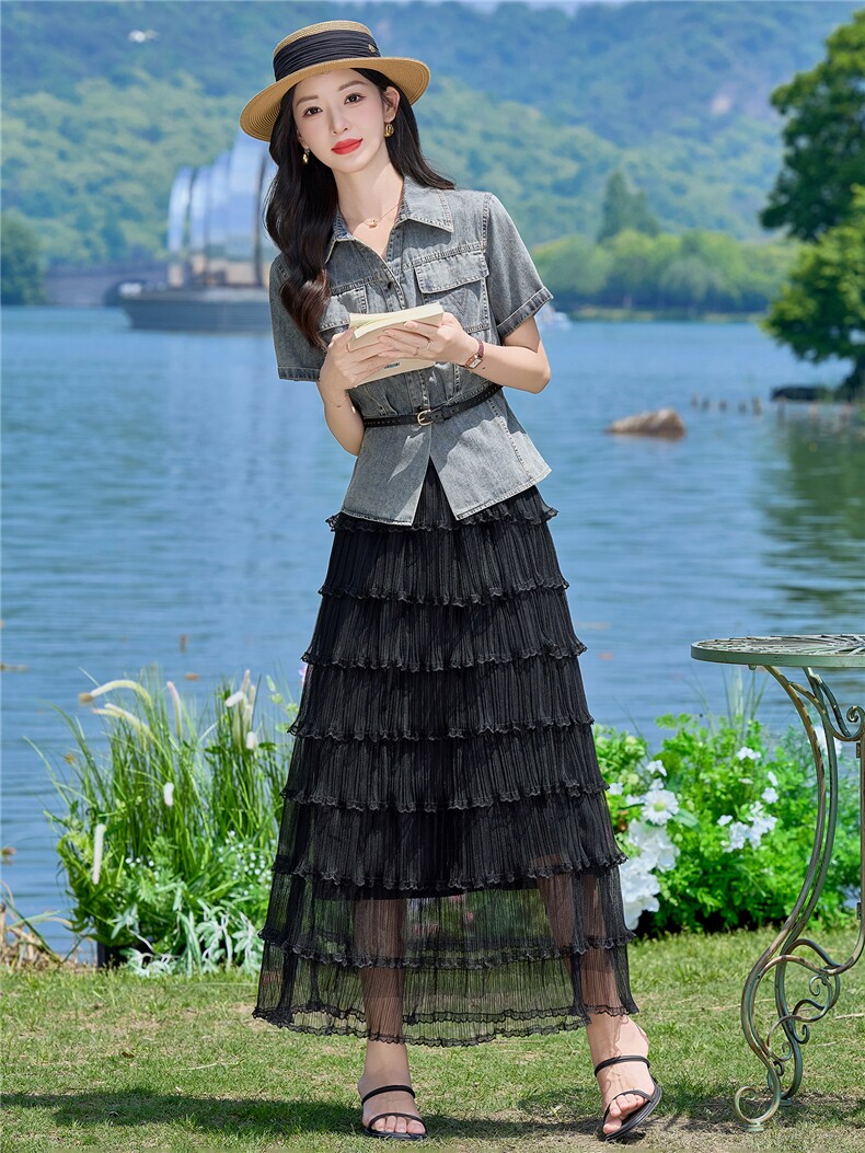 （新款现货）2026夏时尚薄牛仔短袖上衣+蛋糕纱裙两件套（配腰带,女装套装/套裙,印象茜