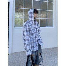 春秋宽松休闲连帽格子衬衫男士潮流工装薄外套上衣男CS543，男装衬衫，星座208-5