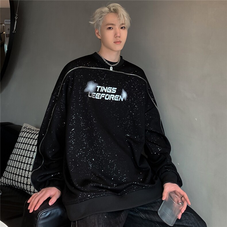 美式复古满天星多拉链拼接解构圆领卫衣男女宽松秋冬外套W89-P78,女装短外套,电商C307A