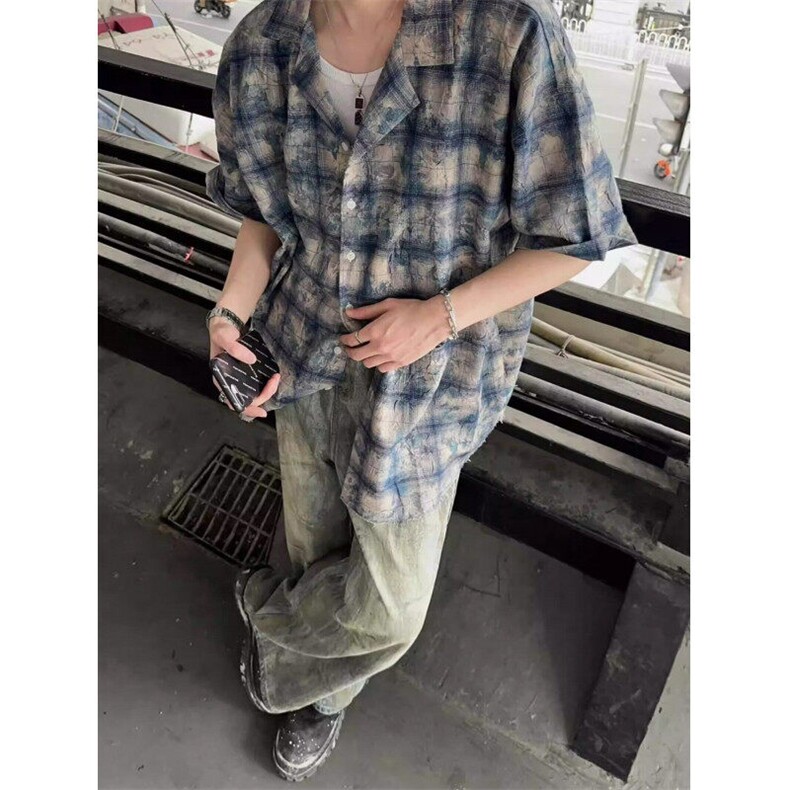 扎染格子衬衫男高级感美式复古潮牌痞帅春秋衬衣外套上衣CXR909,男装衬衫,星座1116A（原606A-3）