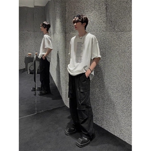 全棉常规纯色日常宽松型青少年落肩袖圆领ins潮牌印花短袖T恤图片