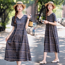 时尚洋气印花棉麻连衣裙女2025夏季新款宽松显瘦减龄休闲气质裙子，女装连衣裙，依万里