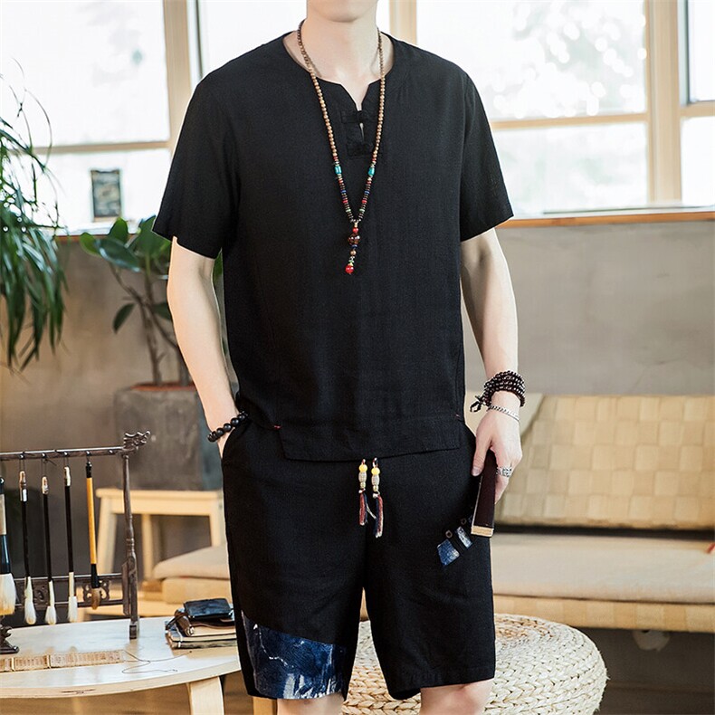 夏季亚麻盘扣棉麻男士短裤T恤套装男一套A266-1-TZ4956-P75,男装休闲套装,电商A266